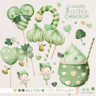 5 st. Patrick candy cliparts with baby props, on paper texture background, simple, cute green colors, boho, baby shower, 8K, high resolution, boho style, watercolor, by chonnieartwork style