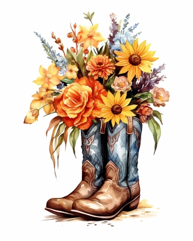 create a high quality watercolor clipart of a floral cowboy boots with autumn flowers on the white background. The image needs to be high resolution.