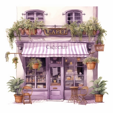 commercial shot of realistic vintage purple pastel french cozy cafe clipart, cute plants , french cafe, with plants plants, god rays, high quality, intricate design, clipart witchcore dreamcore cottagecore white background no text, isolated on white, ghibli style, award winning