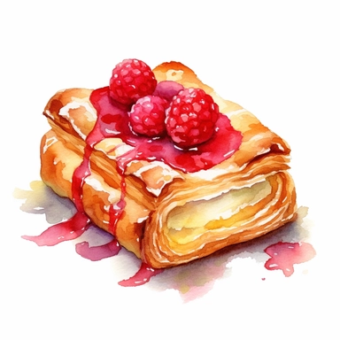 watercolor rasbberry danish pastry, rectangular shape, open face with raspberry filling as the top layer, clipart, hd