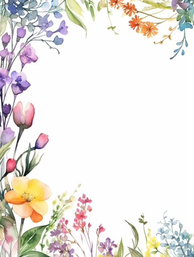 colorful spring colours, b,use, purples, pinks, yellows, rectangle frame with leaves and branches, graphic illustrations, delicate flora depictions, white background, clipart, enchanting bloomcore, high resolution, watercolour simplicity, nature-inspired imagery, decorative border