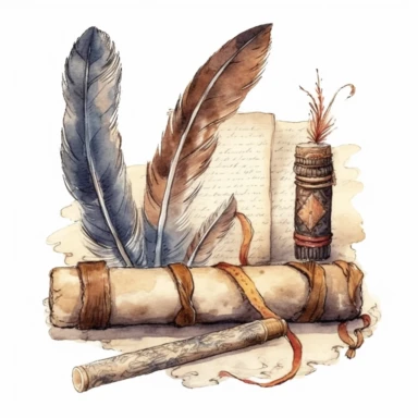 Old book, paper scroll and feather pen sketch set, Watercolour Illustration clipart, 4K, extremely detailed