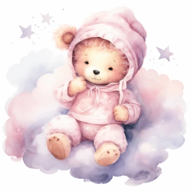 clipart, a whimsical illustration of a contented, loving and angelic baby teddy bear, wearing pajamas and pajamas hat, floating on a cloud, surrendered by pink fluffy clouds, Use a smooth and light watercolor technique to give the artwork a dreamy and ethereal quality