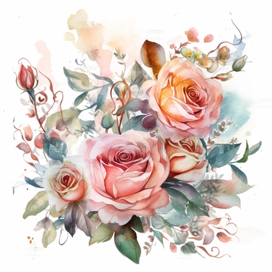 clipart, front view, ornate, whimsical nursery illustration of a magical mystical roses in soft watercolor, isolated on a solid white background