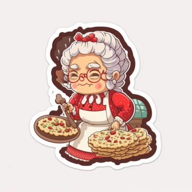 vector sticker design, anime style Mrs Claus baking clipart, white background, flat colors