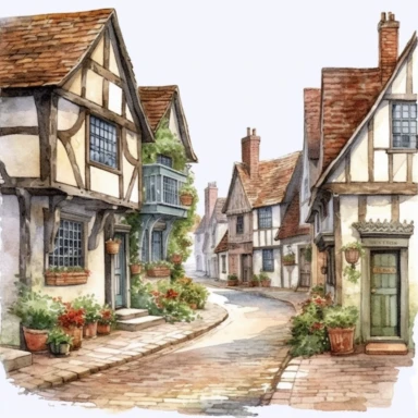 main street of a quaint old english village, white background, clipart, watercolor style--q2--v5.1