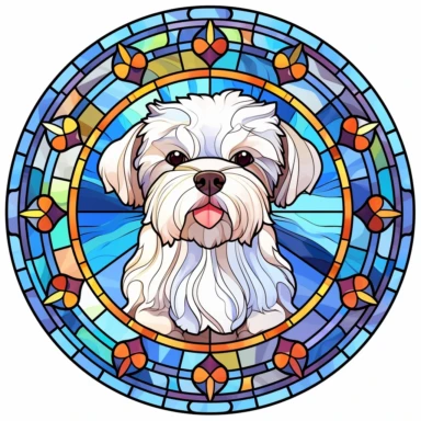 Stained Glass Maltese Dog Sublimation Clipart, Stained Glass Maltese Dog Portrait, Mandala background Stained Glass, Colorful Stained Glass, Suncatcher, Rainbow style of Stained glass, Colorful Stained Glass, Cricle Stained Glass, on white background, by Stained Glass
