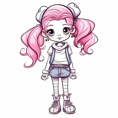 little girl doll style, black contour thin lines, jeans, sneakers, pigtails, pink hair, cartoon, clip art, cute eyes, illustration for kids, disney,