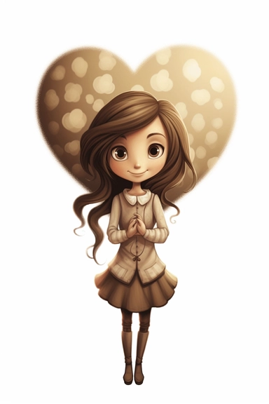 a small girl holding a heart, in the style of light beige and brown, whimsical cartoonish, airbrush art, scrapbook, mandy jurgens, dye-transfer, simple, clipart