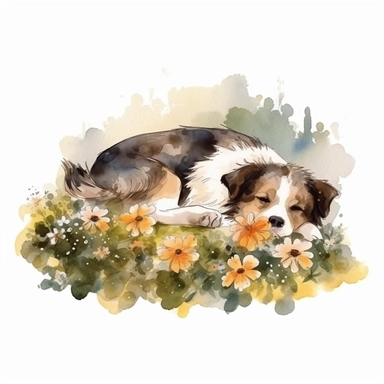 Lazy Dog Sleeping in garden over Flowers and Leaves ,Isolated,Watercolor Clipart