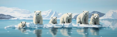 a line of cute miniature polar bear cubs on an iceberg, a collage of mixed media art made with tissue paper, magazine and newspaper clippings, oil paint, graphite pencil lines and fabric, in the style of playful surrealism, whimsical, washi tape