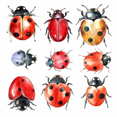 very simple watercolour childrens book style drawing of different isolated cute ladybugs, soft on white background for clipart, 8k