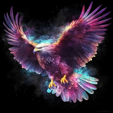 watercolor clipart of a colored eagle on a black background,, breathtaking rendering, within a radiant connection, inspired by Kinuko Y. Craft,, magical elements, kitten icon, wow, is beautiful, casting a multi colorful spell, bright flash, flash