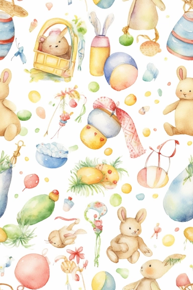 Watercolor clipart of fun baby toys and accessories in vibrant hues, perfect for designing a baby's room or creating party favors. (style: Beatrix Potter and Margaret Tarrant)(composition: repeating pattern of whimsical baby items like mobiles and rattles)