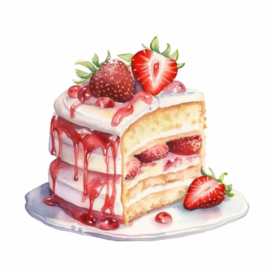 watercolour strawberry cake, clipart on white background, no watermark, highly detailed, professional color gradation, clean sharpness