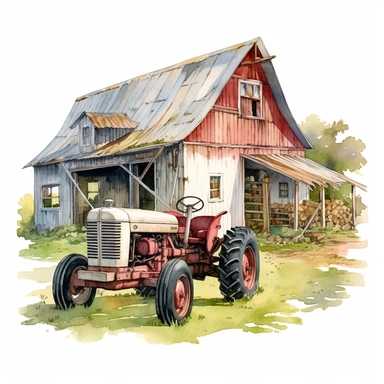 Farm Tractor , barn, farmhouse ,style by Lucy Fleming, watercolor, smooth gradients, black contour outline, ultra detailed, clipart elements, delicate pastel colors, solid white background, super clear, high quality