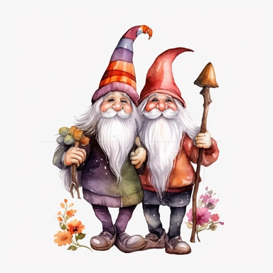 watercolor, Gnome Couple, and Halloween Decor png Full body realistic cartoon in 32K UHD cute. 15 cm thick outline. Black color. There was no shadow on the ground. 8k with realistic watercolors and detailed illustrations. PNG clipart, transparent white background