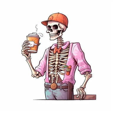 Skeleton barista handing out a cup of coffee, cartoon cutout style by Lucy Fleming, watercolor, smooth gradients, black contour outline, ultra detailed, clipart elements, delicate pastel colors, solid white background, super clear, high quality