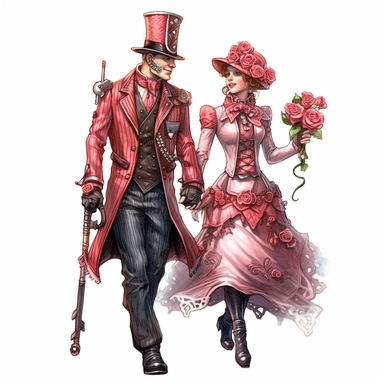 Steampunk partners enjoying a romantic stroll, both wearing red and pink steampunk ensembles, with a single steampunk rose nestled in the lapel of their attire, representing their blooming love. Ultra high quality, intricate detail, retro - futurism, pastel clipart, white background