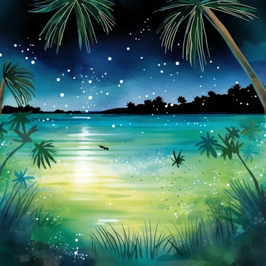 watercolor chic illustration of the Mosquito bioluminescent bay with mangroves and palm at Vieques, Puerto Rico, water is glows at night, thrilled spectators with the stunning beauty of the ocean at night, mainly when the bioluminescent fish create a cosmos underwater, Marine Plankton glows, beatiful, clipart, sticker art, flat 2d, 8k, high definition, white background