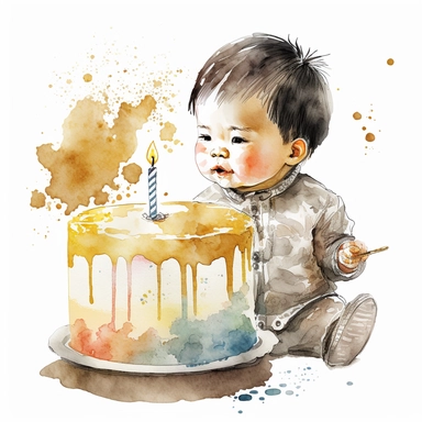 a first birthday cake with watercolor effect,a little happy chinese boy blowing out the candle,suitable for digital clipart,white background,a one birthday candle on the cake