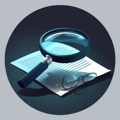 extremely simple corporate clipart, vector image of an magnifying glass reviewing important legal documents sticker, PowerPoint, Adobe Illustrator, corporate clip art for a presentation, dark blue and light blue mood
