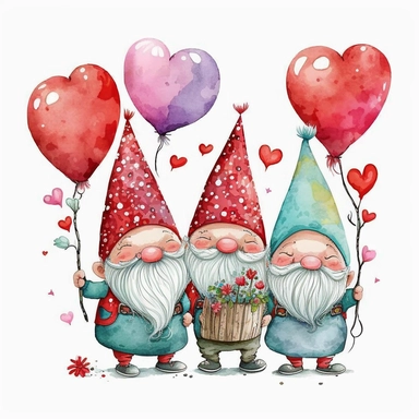 Watercolor happy 3 red gnomes valentine theme with red heart balloons, Clipart, Colorful, Retro, highly detailed on white background