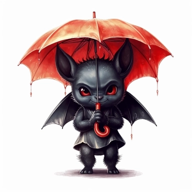 Cute Adorable magical little Devil with black wings holds a umbrella in his hand and wears a raincape and stand in the rain on a country road, clipart, photorealistic illustration, watercolor, high detail, 8k polished, 8k, vibrant colors, sticker, majestic, die cut, Black and Red color, white background