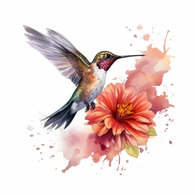 humming bird flower, water color style, clipart, white background