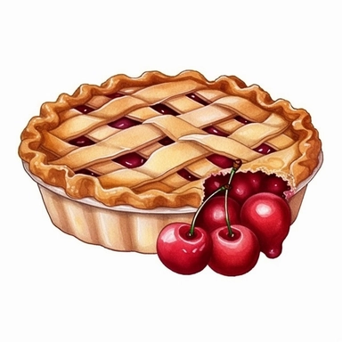 cherry pie drawing, illustration clipart, detailed, black outline, white background, digital art, watercolor