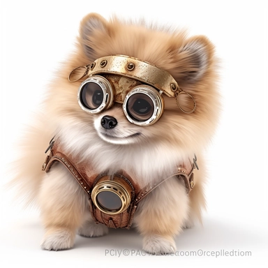 steampunk pomeranian wearing googles, photorealistic, white background, clipart
