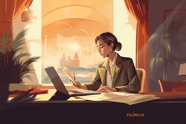 a female general business administration working on her role of administrator at a luxiry hotel, calid tones, ilustration clipart style