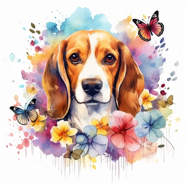 a vibrant watercolor clipart image of a dog Beagle with a white background, surrounded by colorful flowers and butterflies.