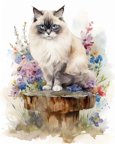 Watercolor Painting of Ragdoll cat sitting on stump surrounded by wild Texas Flowers, on white background good anatomy, DETAILED ILLUSTRATION, Flemish Baroque, Rococo, white background, Intricate Detailed, Soft Light Effect, Oil Paint Strokes, Light Academia Aesthetic Flowers, Lighting cinematic, all shown shimmering stamens, tyndall light, texture, colorful, 8k, fantasy, ray tracing, vivid, spectacular lighting, octane rendering, highly detailed, ultra - realistic, white background, clipart, su