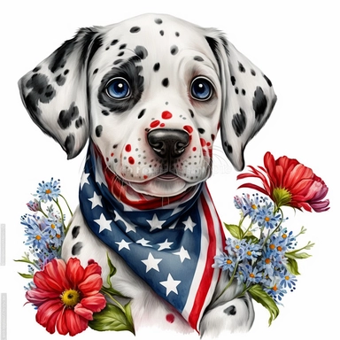 clipart, an adorable happy Dalmatian puppy with american flag bandana and red white blue flowers, big eyes, watercolor, cartoon BENTE SCHLICK style illustration, hand drawn, white background, headshot, Ultra High Realistic. ultra high resolution, 32K