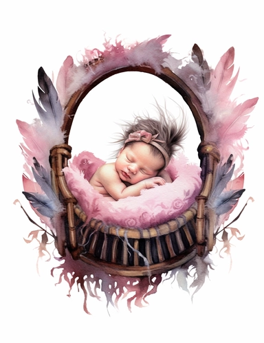 watercolor steampunk new born baby in a basket crib, pink steampunk, fantasy feathers in the background, watercolor, sublimation clipart, white background, fantasy style, soft colors