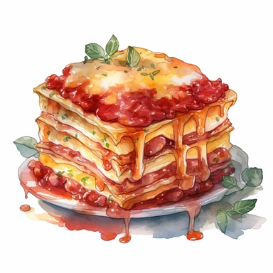 Create mouthwatering visuals of layered pasta, meaty sauce, and gooey cheese with watercolor clipart that depicts the beloved comfort food, lasagna, hyper realistic, white background