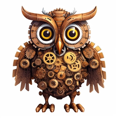 friendly owl with big cute eyes, standing up, in the style of steampunk, clipart, white background, lots of cogs