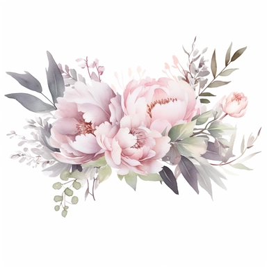 dusty pink peony arrangement watercolor, white simple background, modern STYLE, fairy style, muted color, watercolor touch, A dusty pink and white floral premade border, with elements of leaves, wildflowers and silver dollar leaves,, elegant, light, airy, fresh, classy, modern, minimalist design, no borders, Watercolor Flowers Clipart, airy dreamy pale, horizontal Premade border v 4 ar 19:16