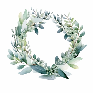 a delightful watercolor wreath made of eucalyptus, white background, clipart