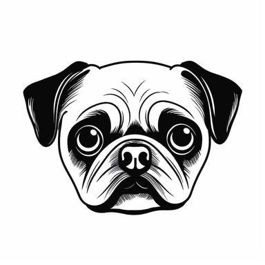 Simple outline of a front - facing crooked head happy Pug dog head peeking with front paws, cute clipart, flat 2d vector, minimalist, black and white, kids cartoon, svg cut file, line art drawing, white isolated background