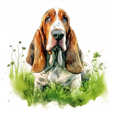 close up high detailed, Hand drawn watercolor clipart of Bassett Hound looking at me in lush green meadow, on a pure white background for background removal, no shadow, no paint splash