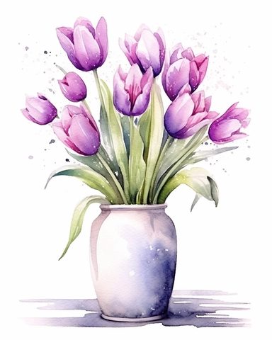 detailed vibrant watercolor bouquet of purple tulip flower in plain ceramic vase white space , isolated on white background, realistic, clipart