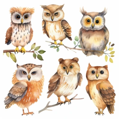 Woodland Animals Clipart Watercolor owls,multiple poses,no background