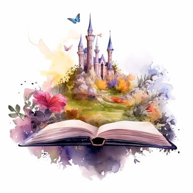 watercolor clipart with an open vintage book, fairytale landscape above with a castle, flowers, greenery, butterflies or birds, no background
