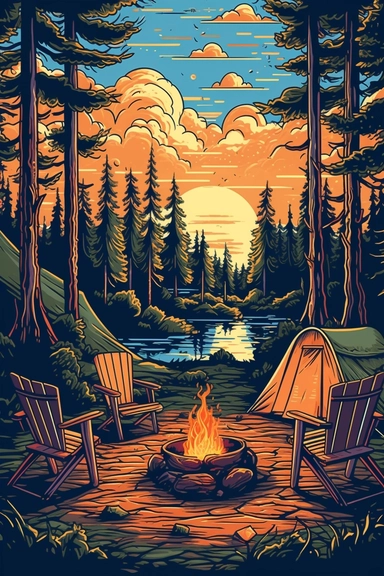 camping scene with campfire, chairs, and tent in the woods during the summer months. vector clip art illustration, detailed, rustic