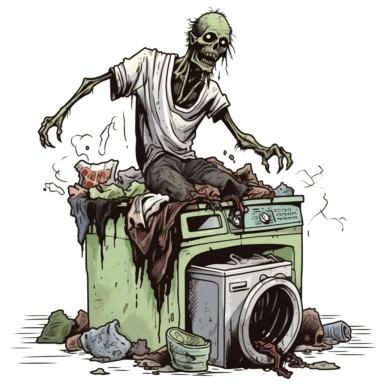 CLIP ART of Occult UNDEAD ZOMBIE WALKER doing laundry, indifferent, dark, moody, hyper detailed, on white background