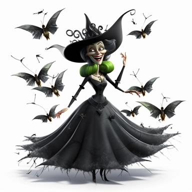 a smiling fairy dressed as a wicked witch, halloween, witches hat, bats and spiders all around, big wings, full body image, clipart, pixar style, white background