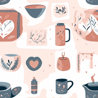 An image filled with loving, homely items that symbolize motherhood, such as a steaming coffee mug, a calming candle, a comfy pillow, and a heart-shaped pendant, all crafted in a paper-cut style. Each item interlinks seamlessly, set against a soft, pastel-toned backdrop, creating an enchanting pattern that encapsulates the warmth and care associated with a mother's love. in Clipart style