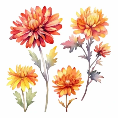 watercolour mums flowers, clipart, autumn colours, white background, spaced out